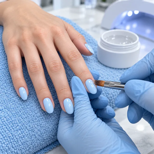 Pale blue gel polish being applied