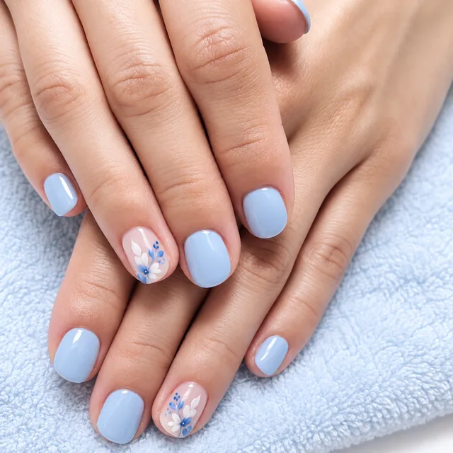 Sky blue shellac with white floral accent nails